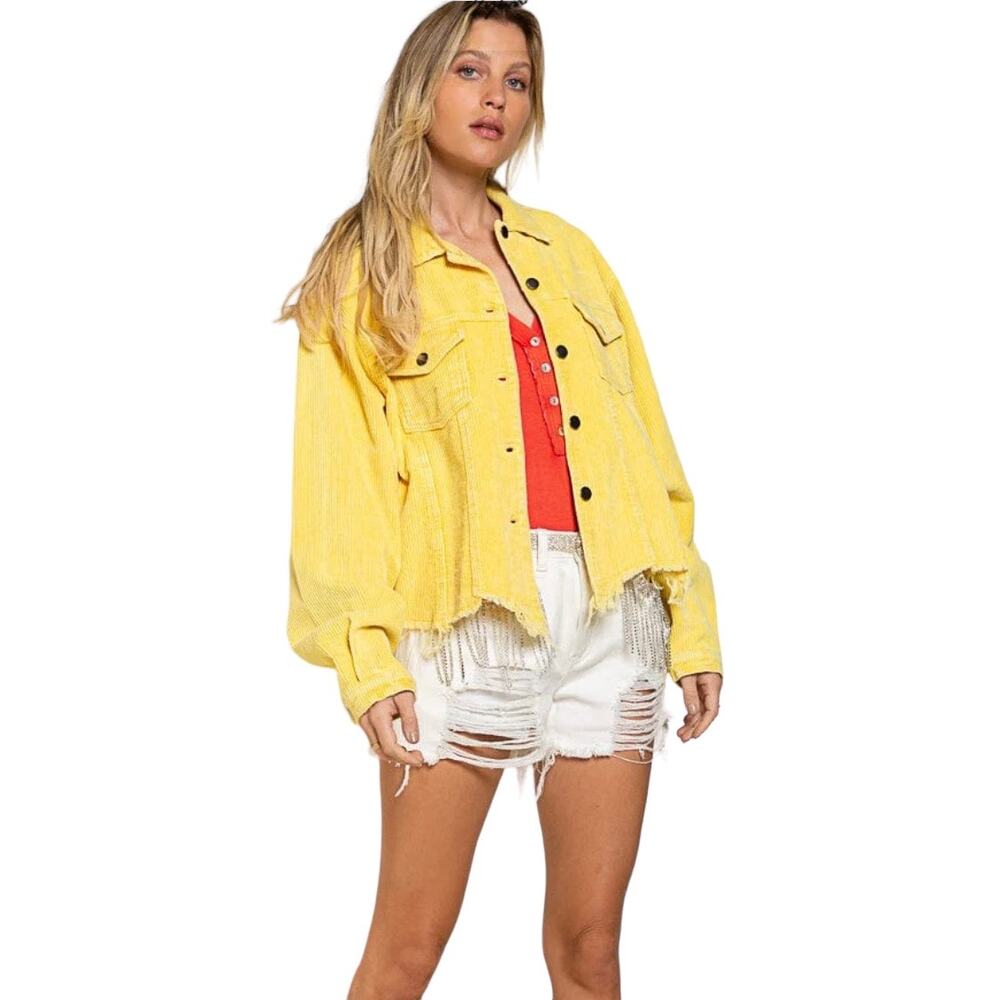 POL Women’s Yellow Corduroy Short Trucker Jacket Size S‎ Raw Hem Oversized Boho
